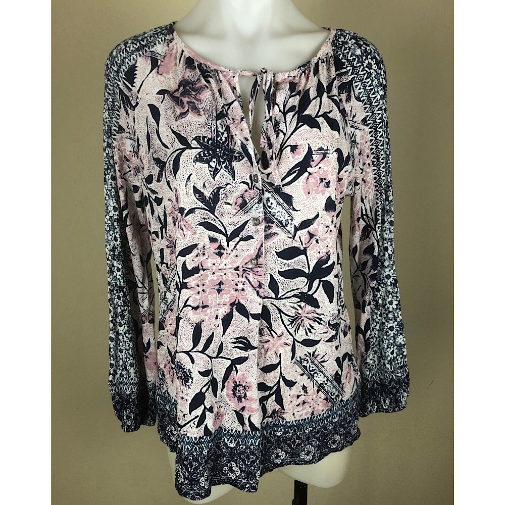 Lucky Brand Top Blouse Floral Neck Tie Peasant